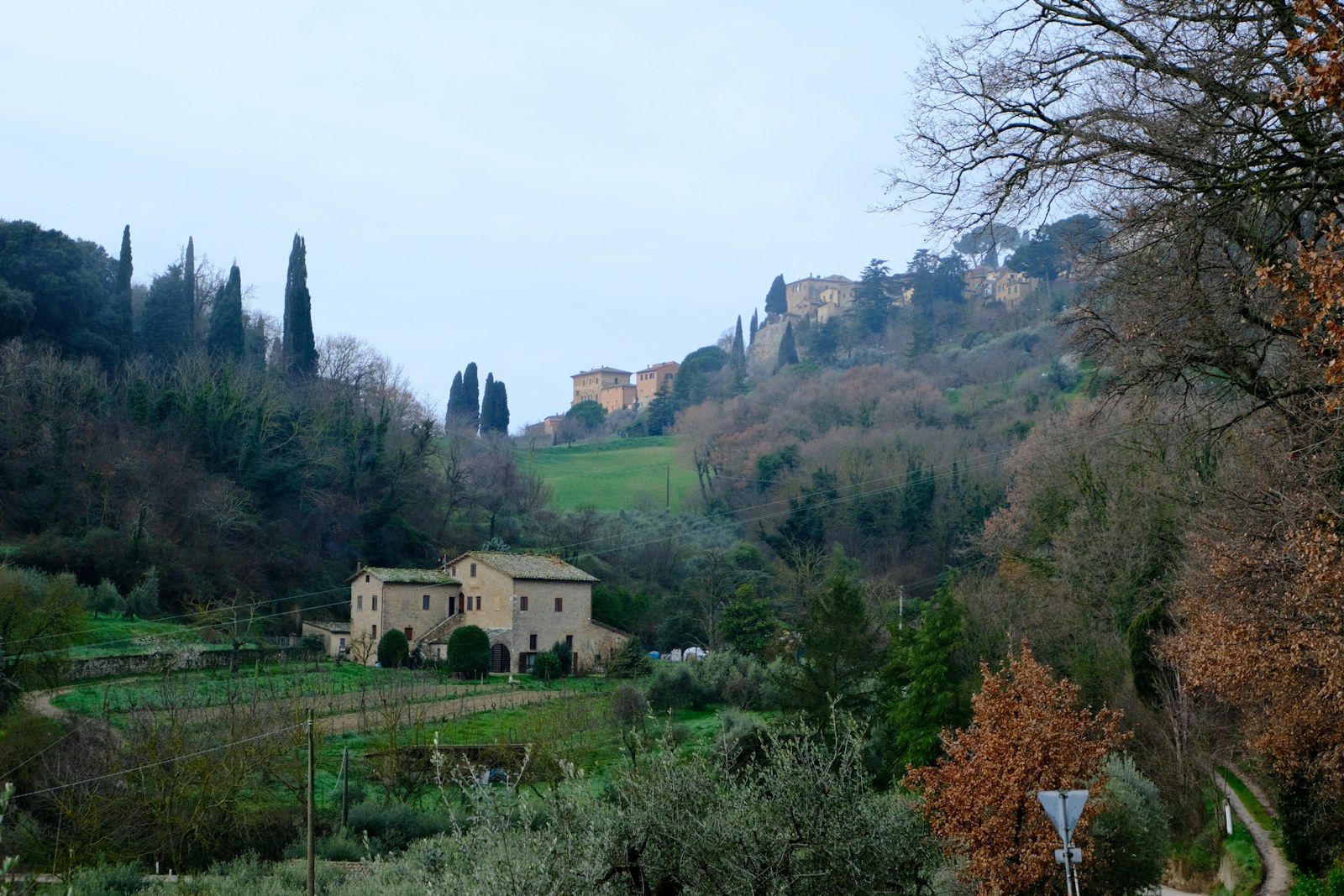 Tuscan countryside near Montepulciano with farm buildings and cypress trees